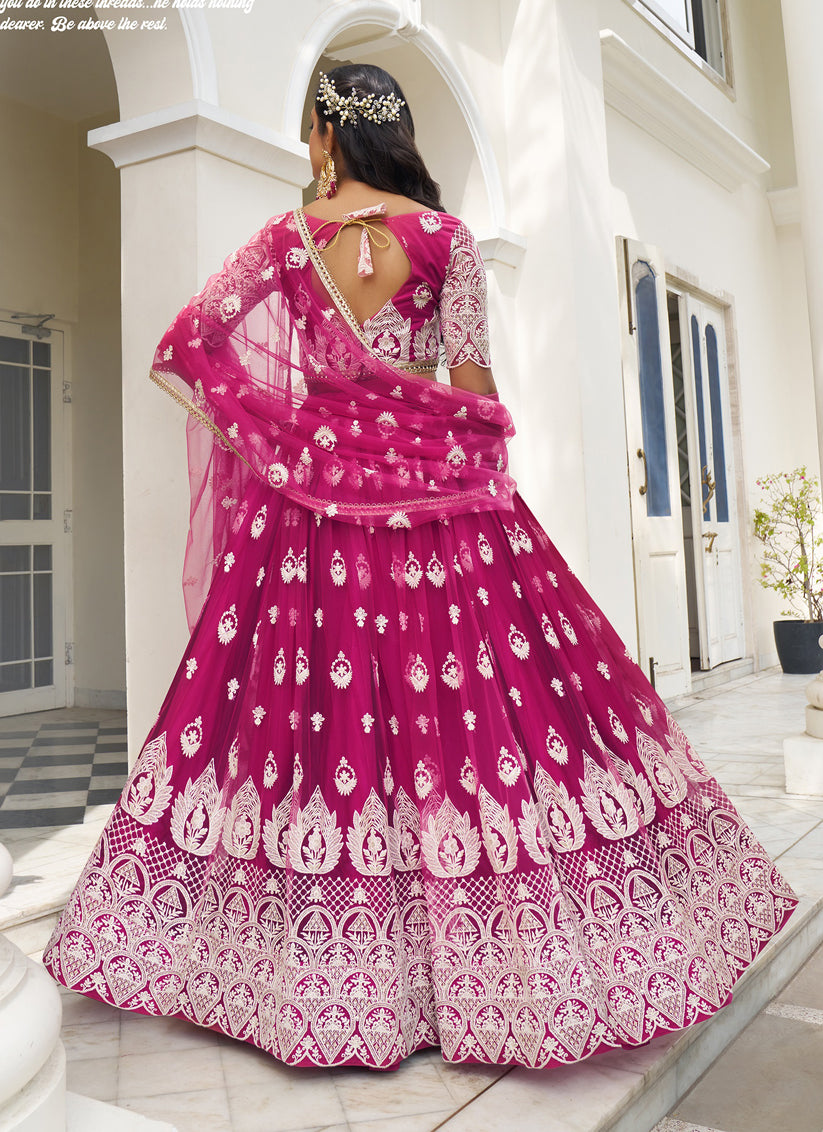 Magenta Net Embroidered Lehenga Choli Set