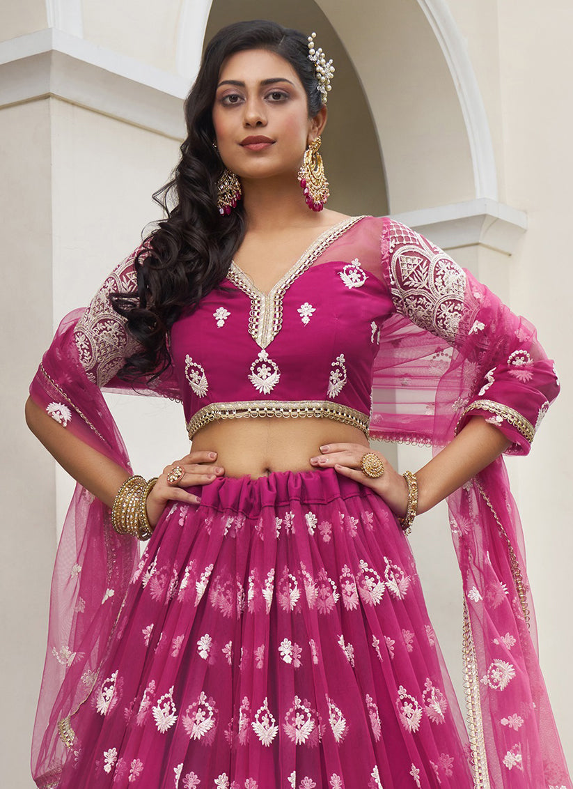 Magenta Net Embroidered Lehenga Choli Set