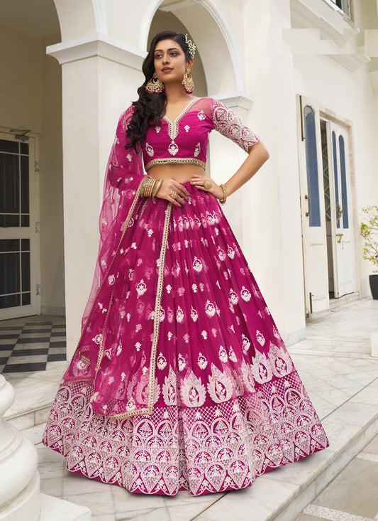 Magenta Net Embroidered Lehenga Choli Set