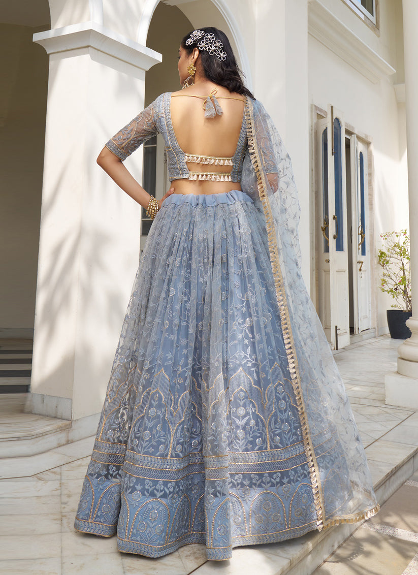 Livid Blue Net Embroidered Lehenga Choli Set