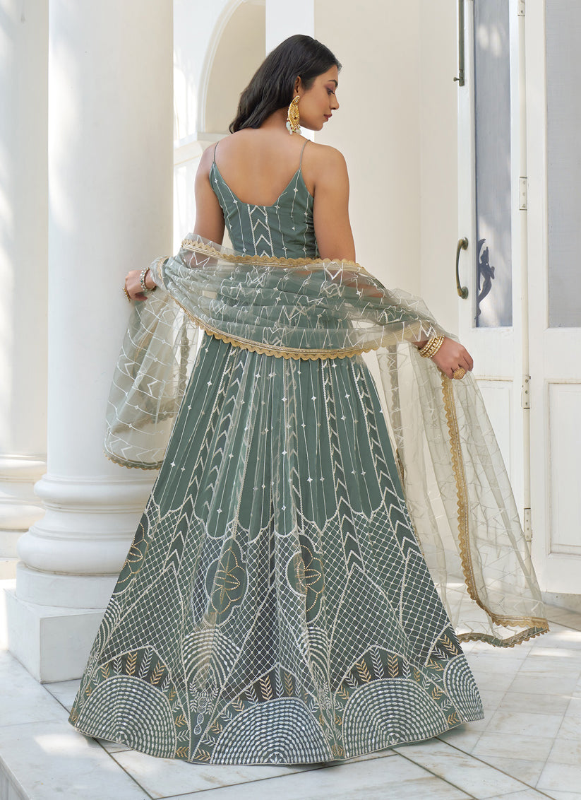 Moss Grey Net Embroidered Lehenga Choli Set