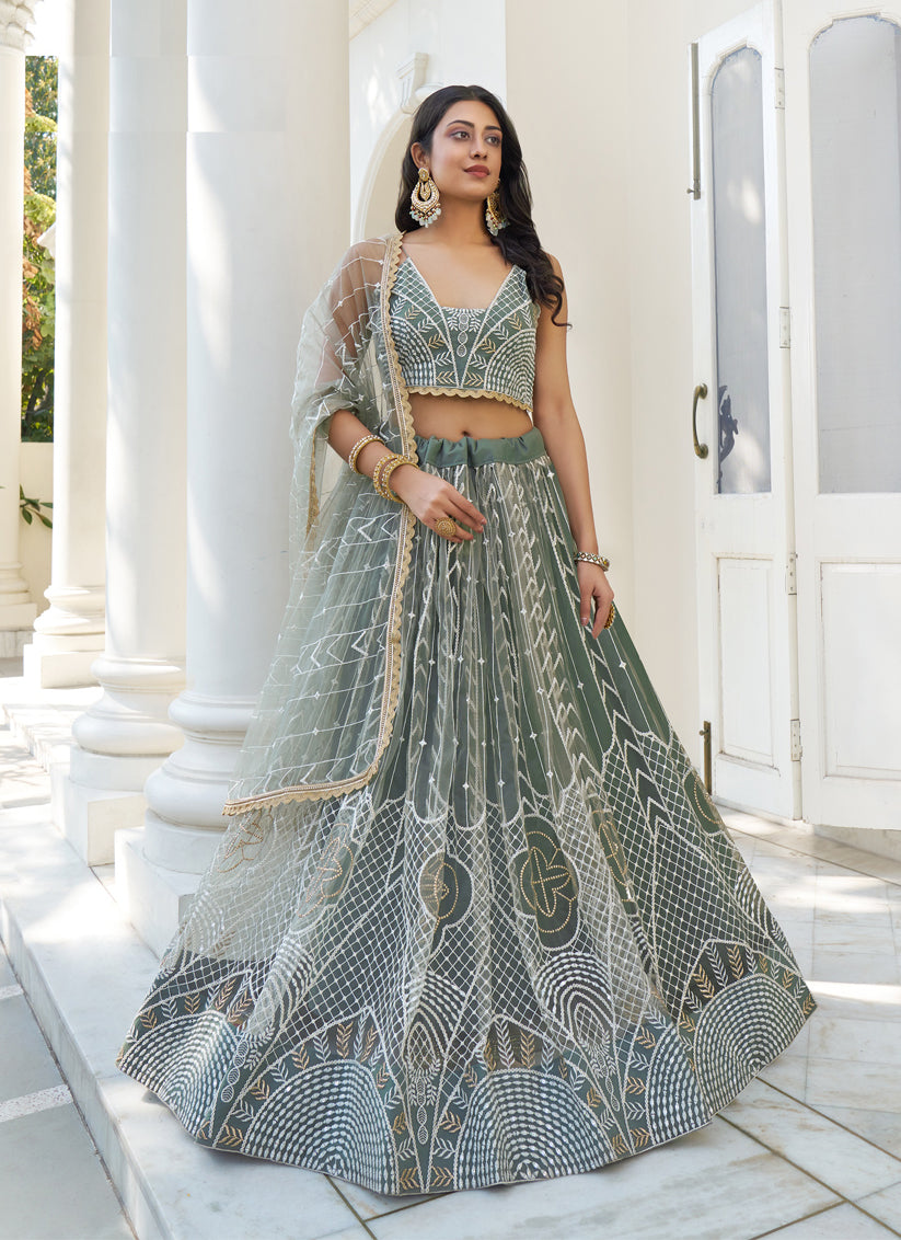 Moss Grey Net Embroidered Lehenga Choli Set