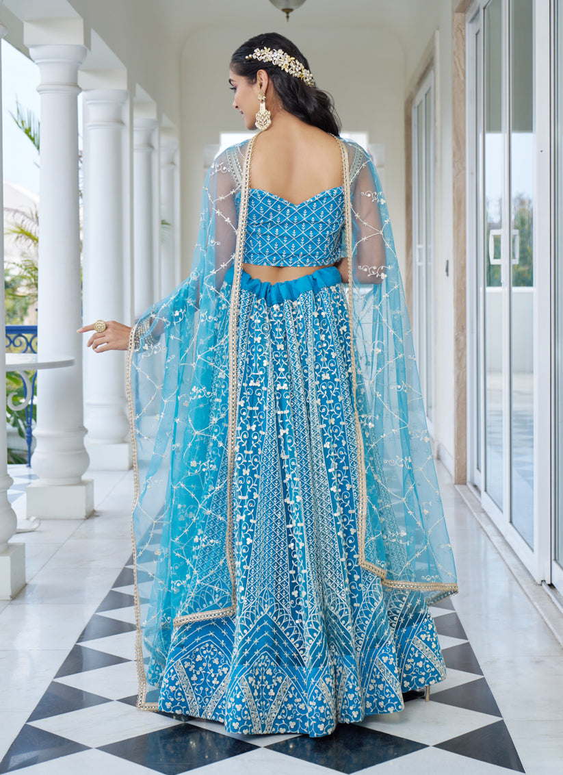 Sky Blue Net Embroidered Wedding Lehenga Choli