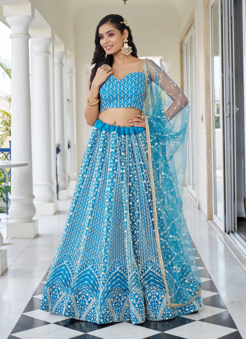 Sky Blue Net Embroidered Wedding Lehenga Choli