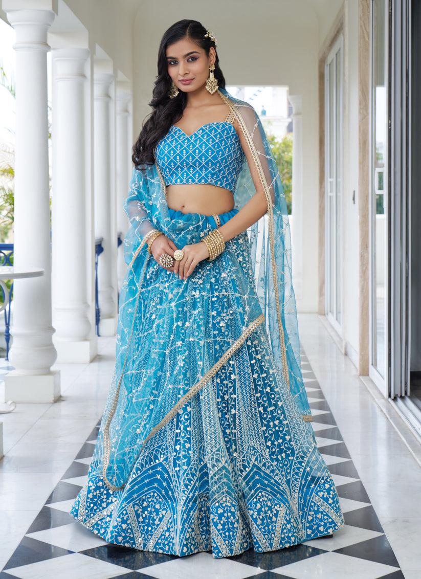 Sky Blue Net Embroidered Wedding Lehenga Choli