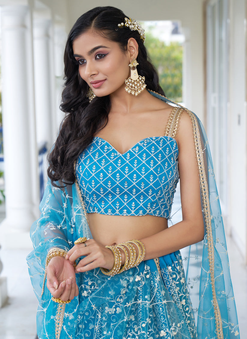 Sky Blue Net Embroidered Wedding Lehenga Choli