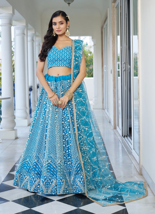 Sky Blue Net Embroidered Wedding Lehenga Choli