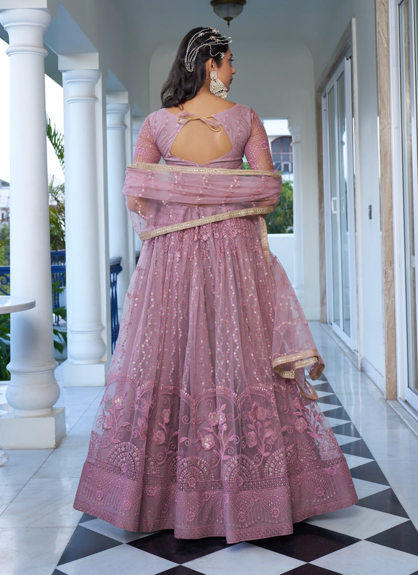 Dusty Pink Net Embroidered Wedding Lehenga Choli