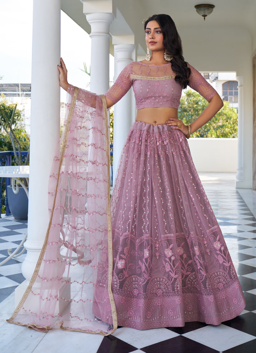 Dusty Pink Net Embroidered Wedding Lehenga Choli