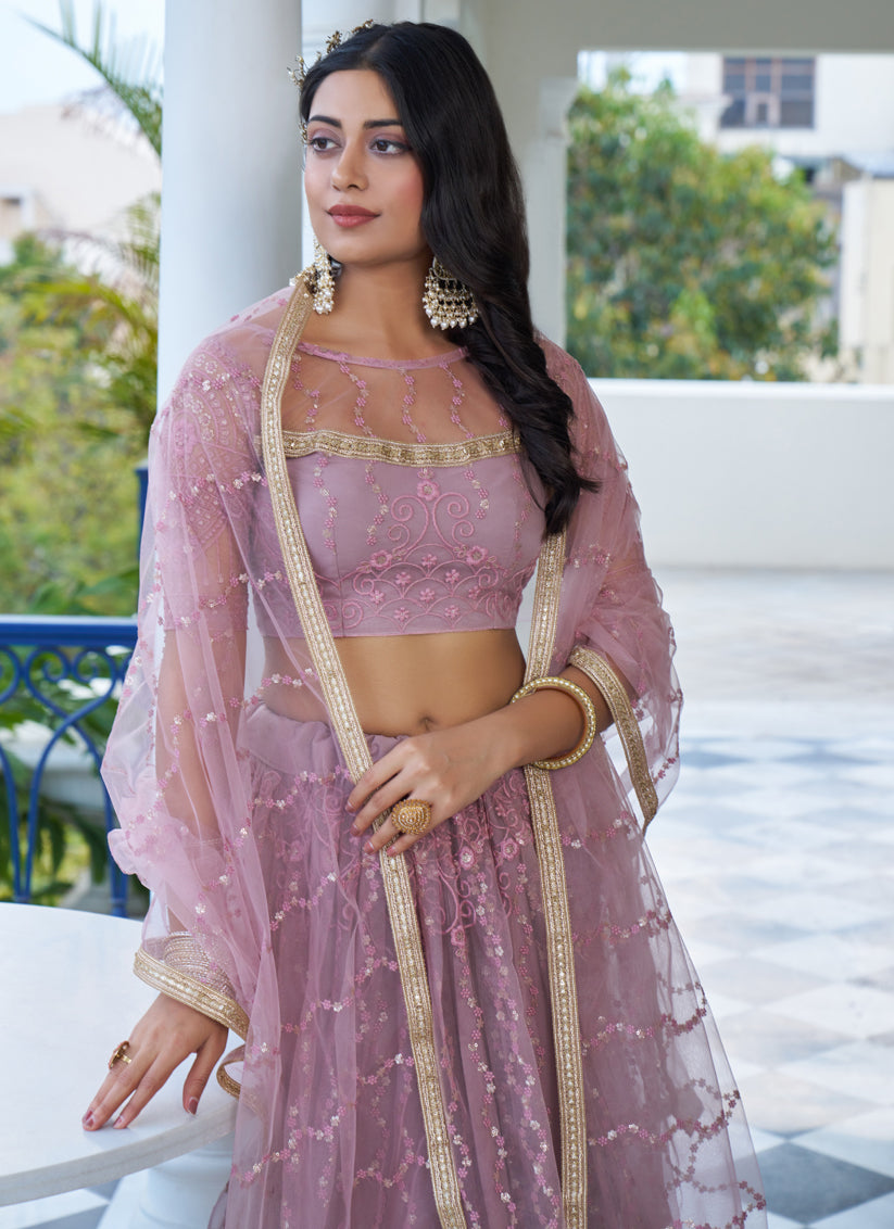 Dusty Pink Net Embroidered Wedding Lehenga Choli