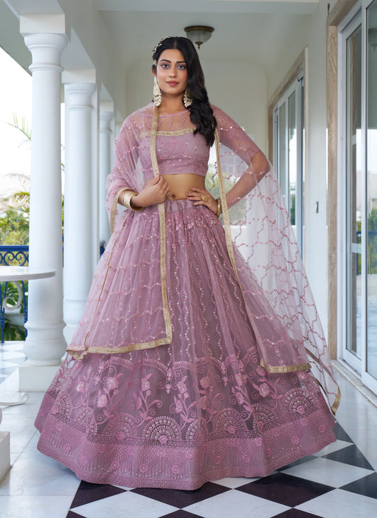 Dusty Pink Net Embroidered Wedding Lehenga Choli