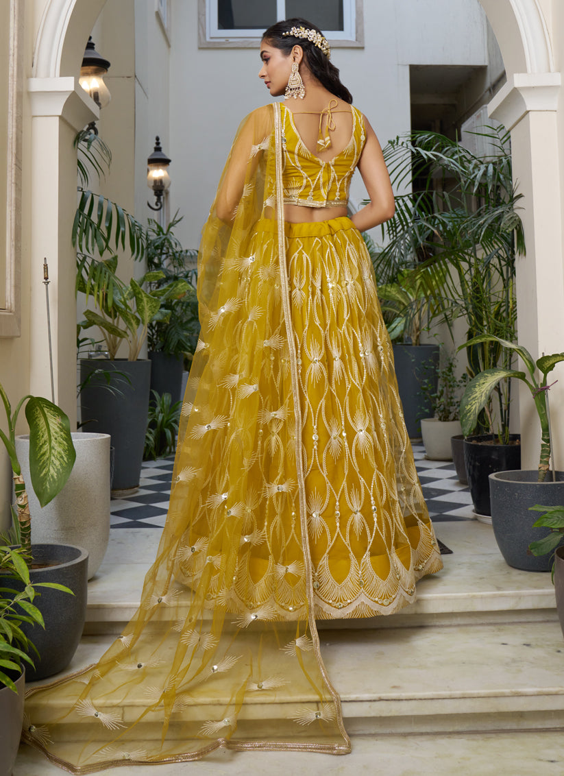 Mustard Yellow Net Embroidered Wedding Lehenga Choli