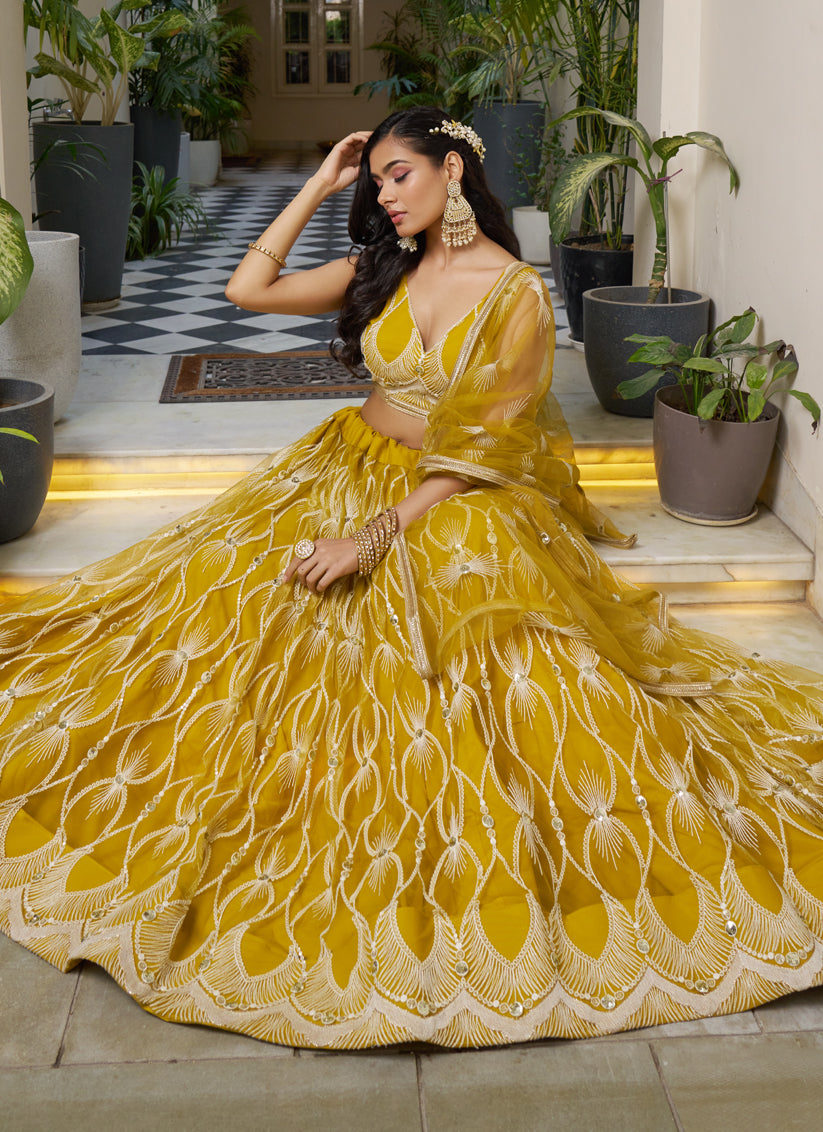 Mustard Yellow Net Embroidered Wedding Lehenga Choli