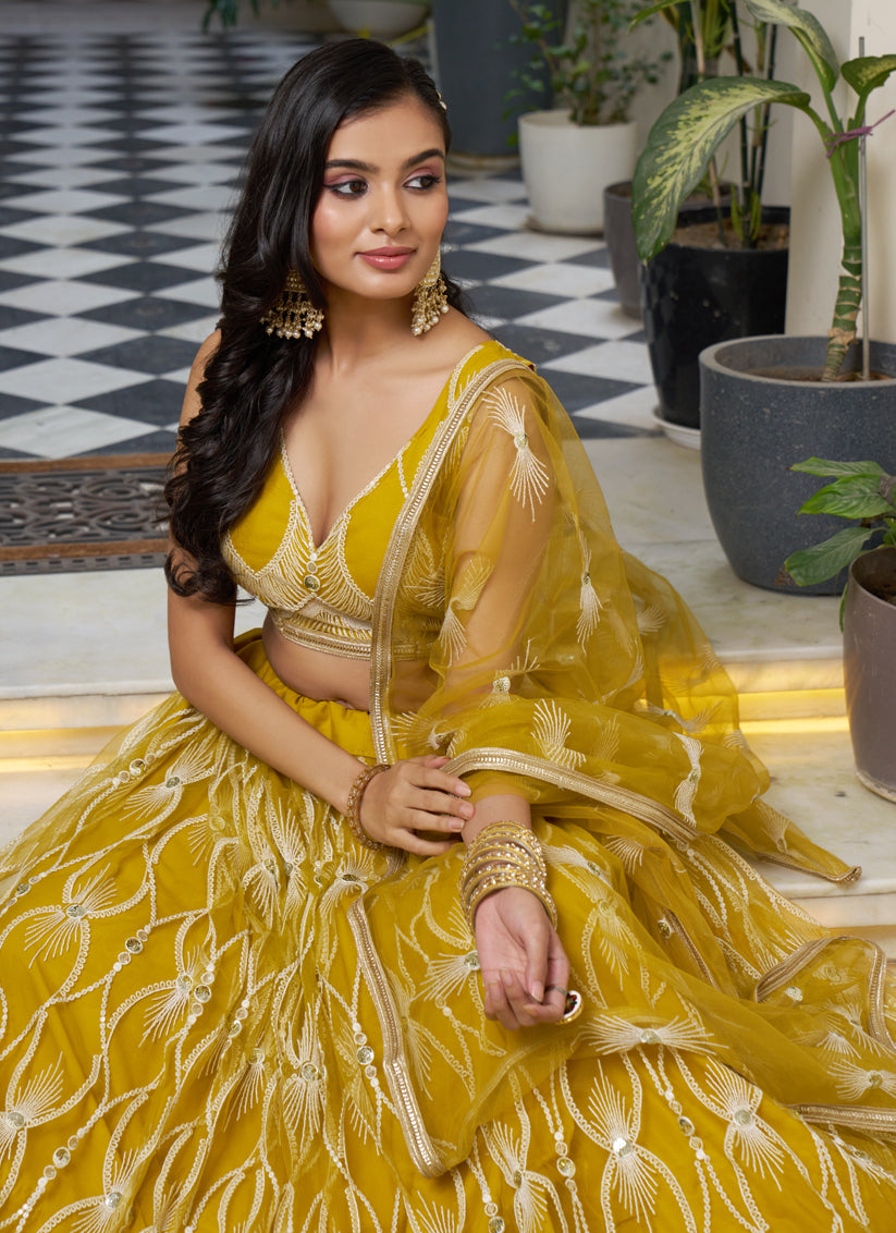 Mustard Yellow Net Embroidered Wedding Lehenga Choli