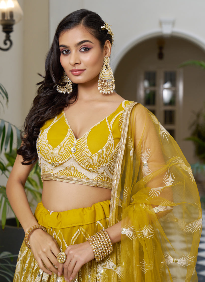 Mustard Yellow Net Embroidered Wedding Lehenga Choli