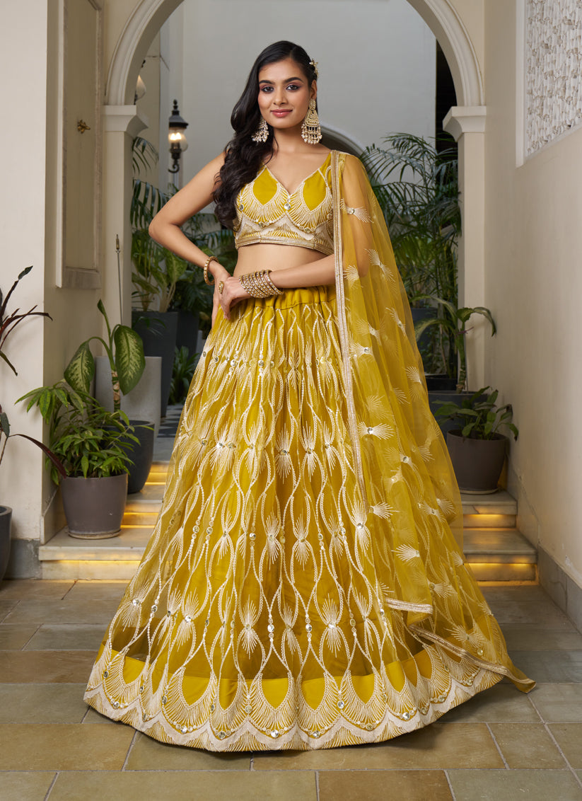 Mustard Yellow Net Embroidered Wedding Lehenga Choli