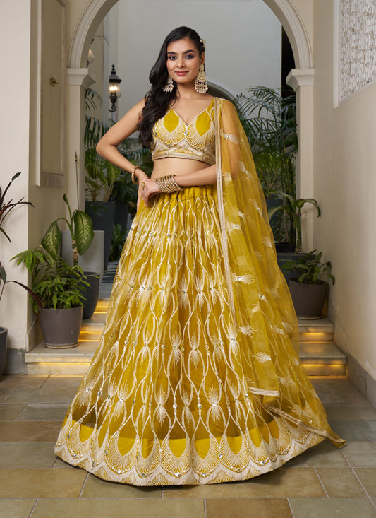 Mustard Yellow Net Embroidered Wedding Lehenga Choli