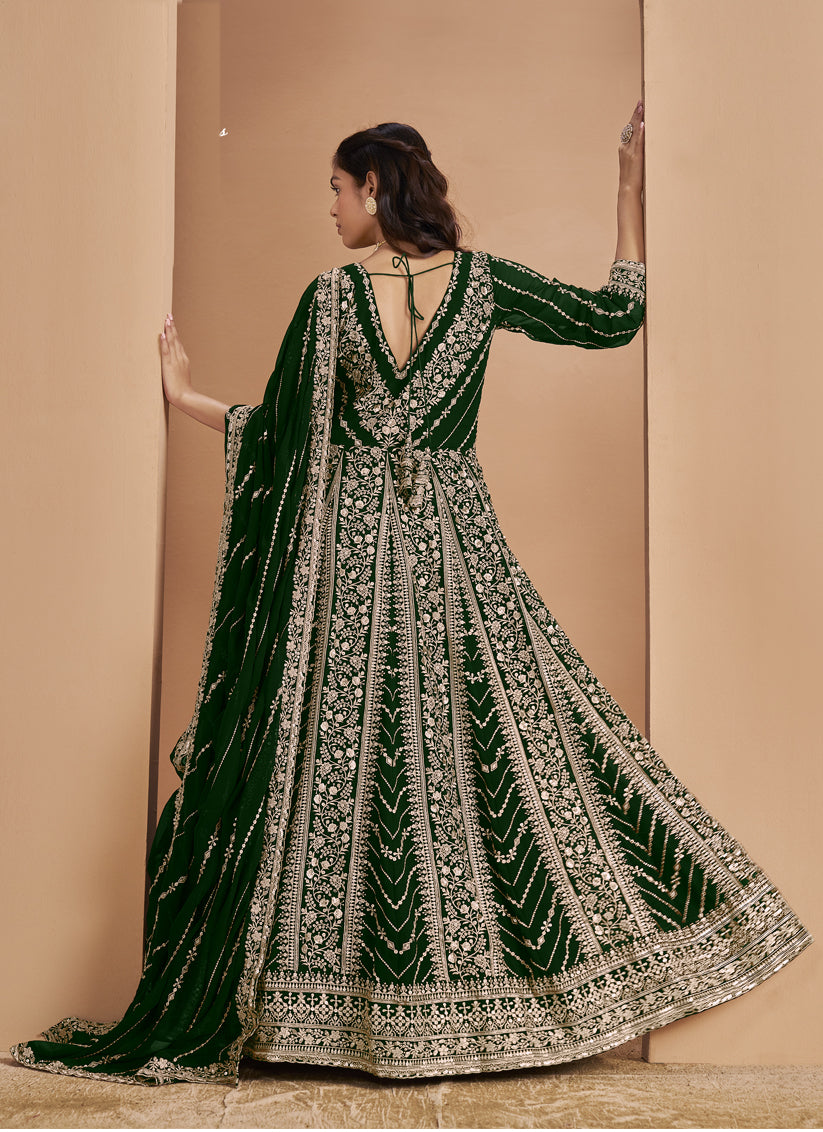Bottle Green Faux Georgette & Heavy Embroidered  Anarkali Suit
