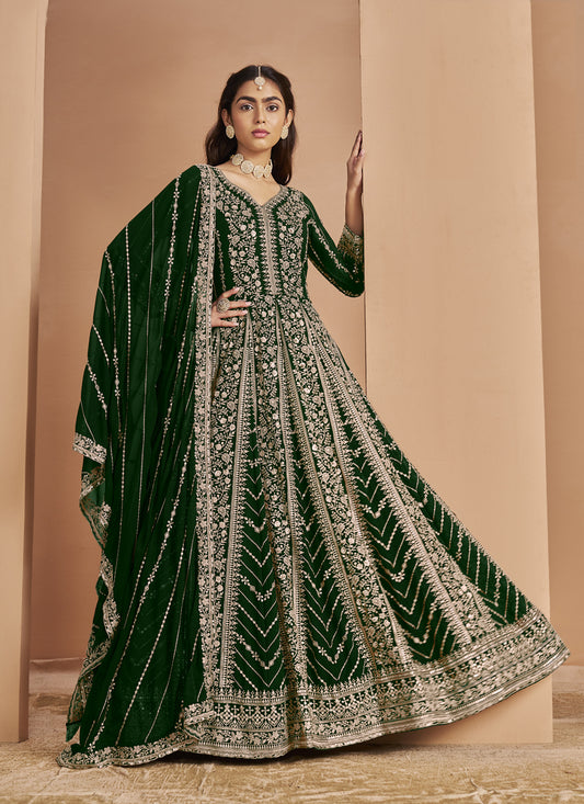 Bottle Green Faux Georgette & Heavy Embroidered  Anarkali Suit
