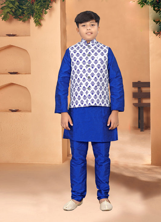 Royal Blue Silk Kurta Pyjama Set with Jute Printed Jacket