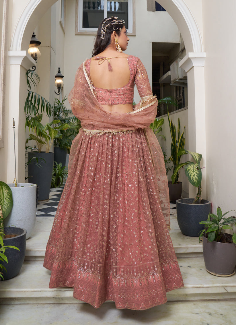 Rust Net Embroidered Wedding Lehenga Choli