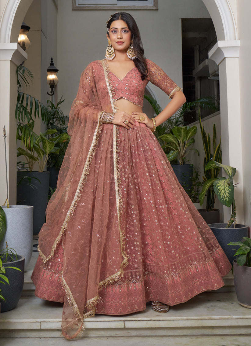 Rust Net Embroidered Wedding Lehenga Choli