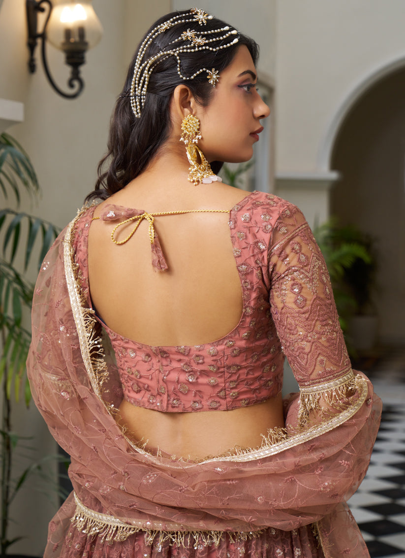 Rust Net Embroidered Wedding Lehenga Choli