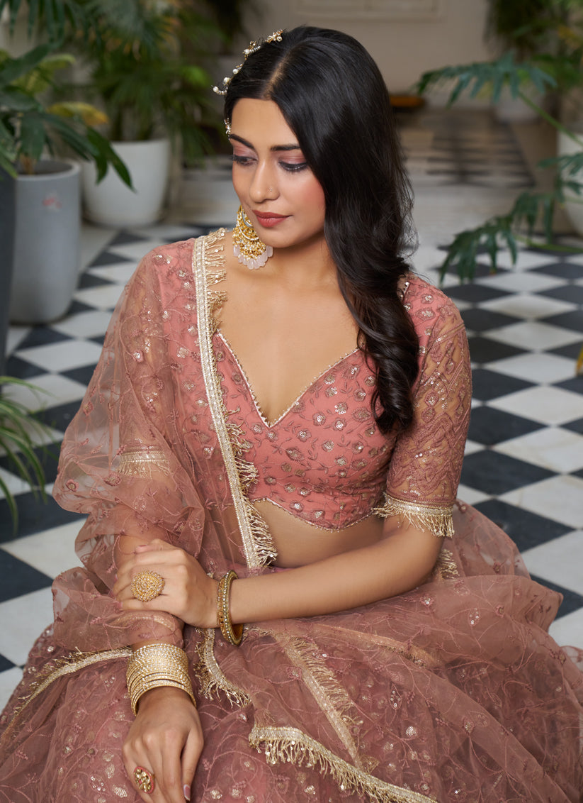 Rust Net Embroidered Wedding Lehenga Choli