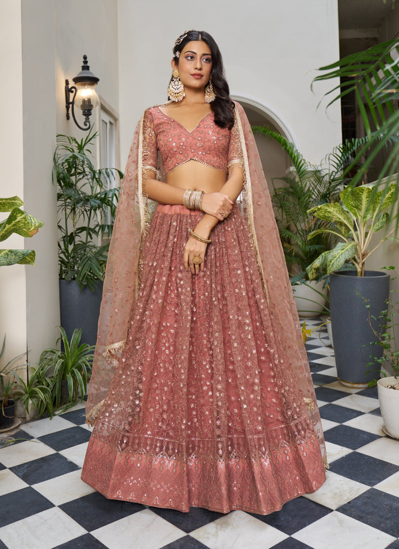 Rust Net Embroidered Wedding Lehenga Choli