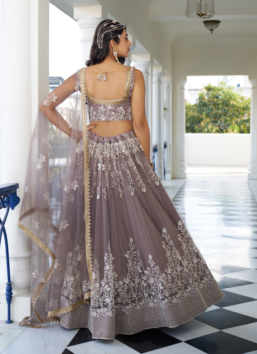 Light Dusty Brown Net Embroidered Wedding Lehenga Choli