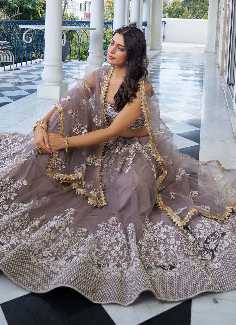 Light Dusty Brown Net Embroidered Wedding Lehenga Choli