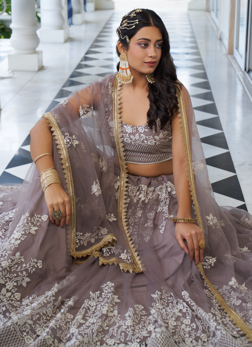 Light Dusty Brown Net Embroidered Wedding Lehenga Choli