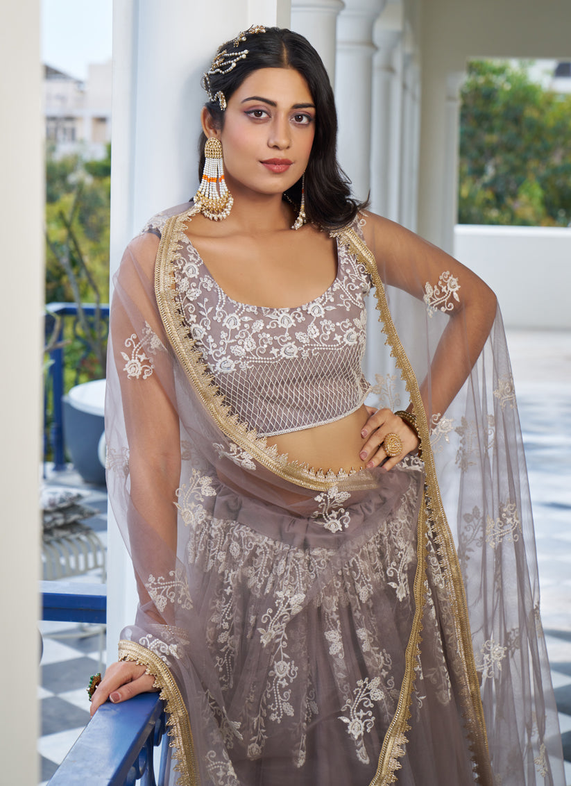 Light Dusty Brown Net Embroidered Wedding Lehenga Choli