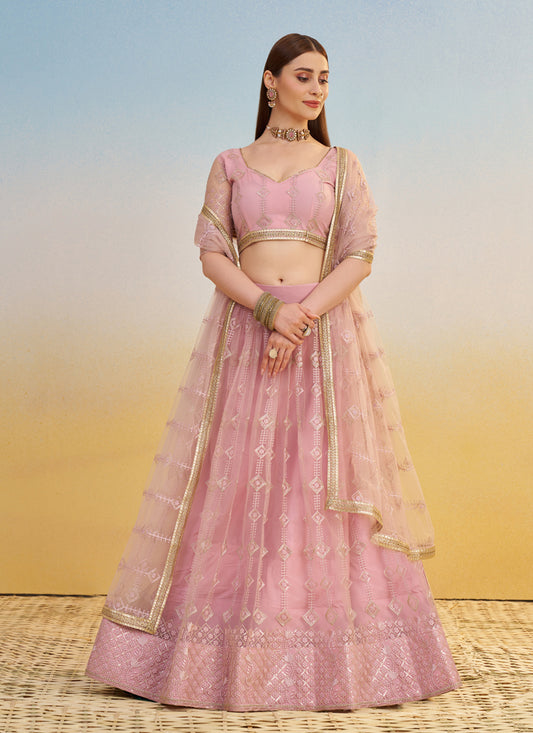 Rose Pink Net Designer Embroidered Lehenga Choli Set