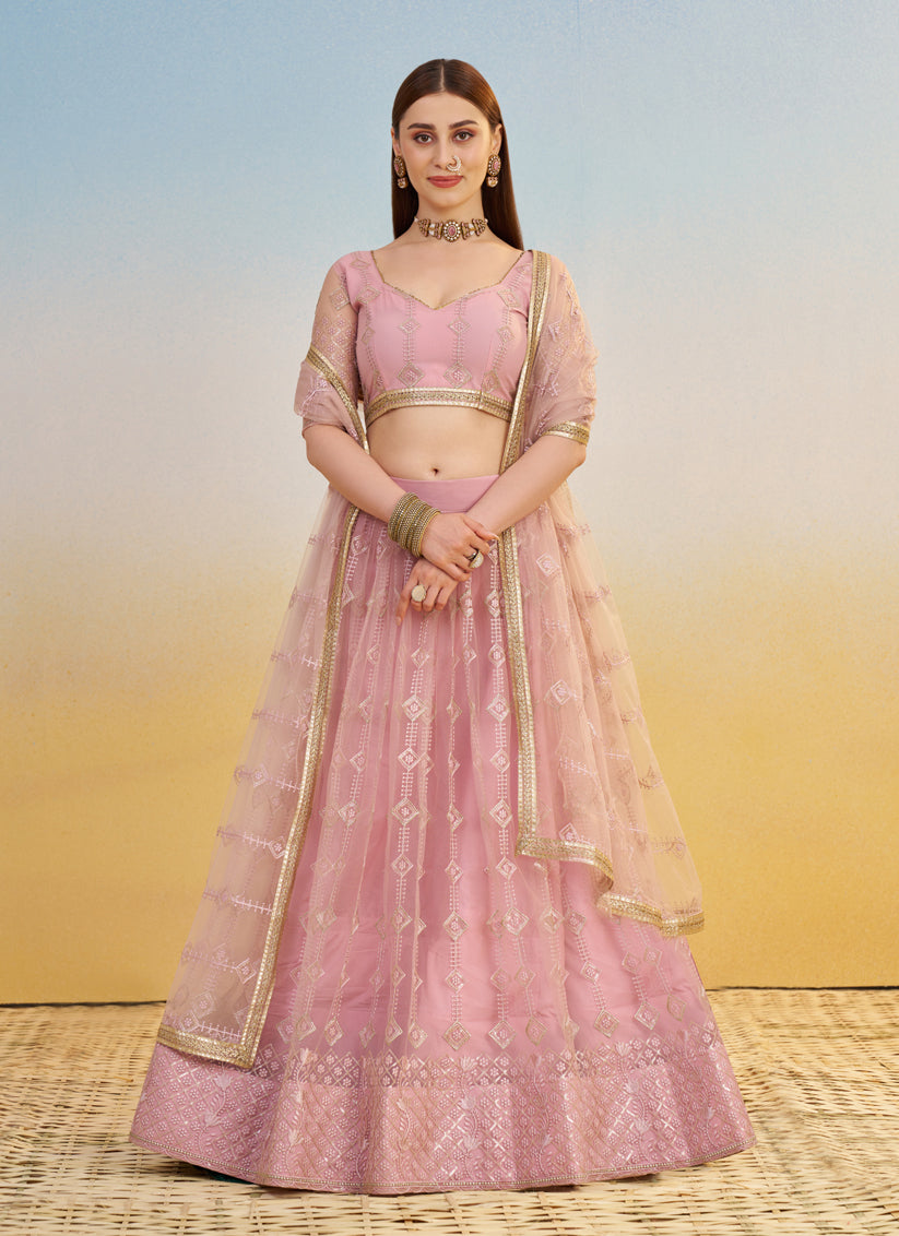 Rose Pink Net Designer Embroidered Lehenga Choli Set