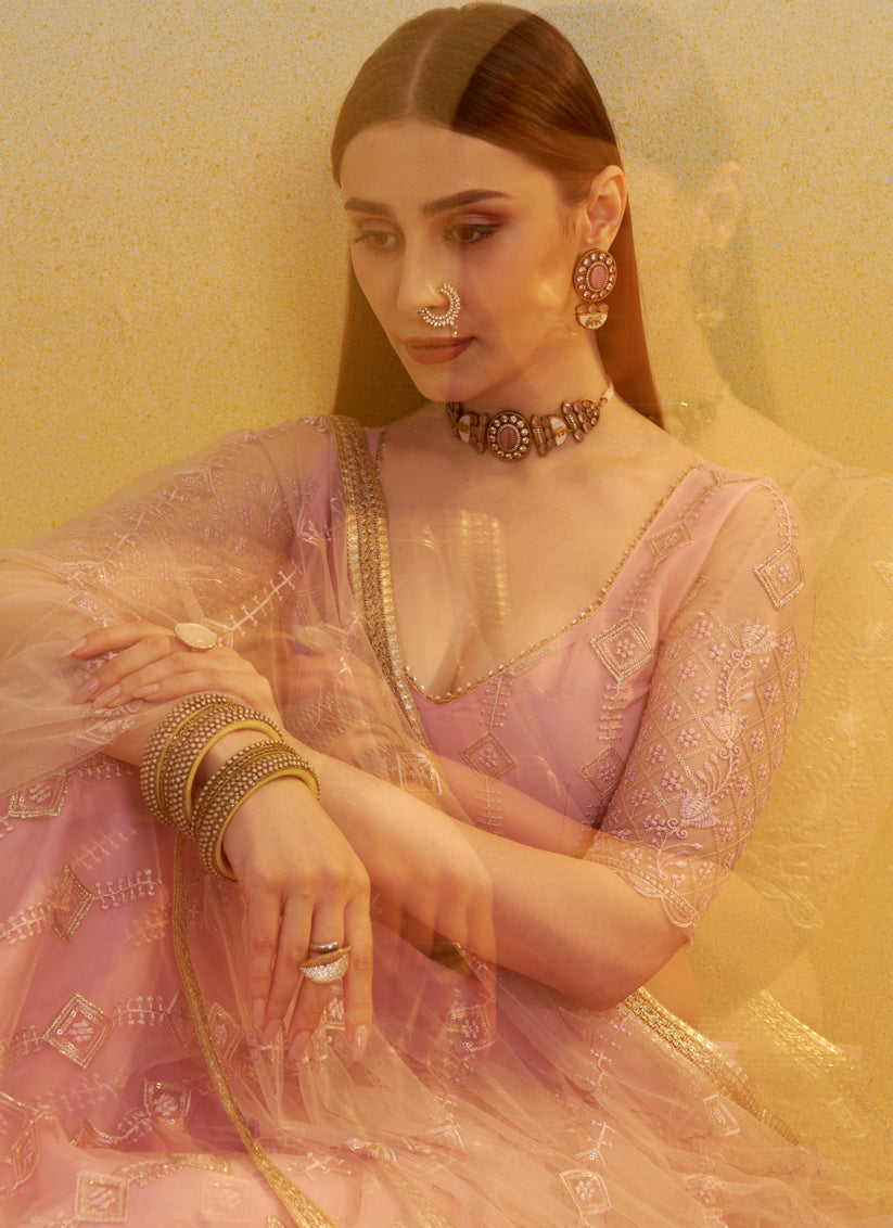Rose Pink Net Designer Embroidered Lehenga Choli Set