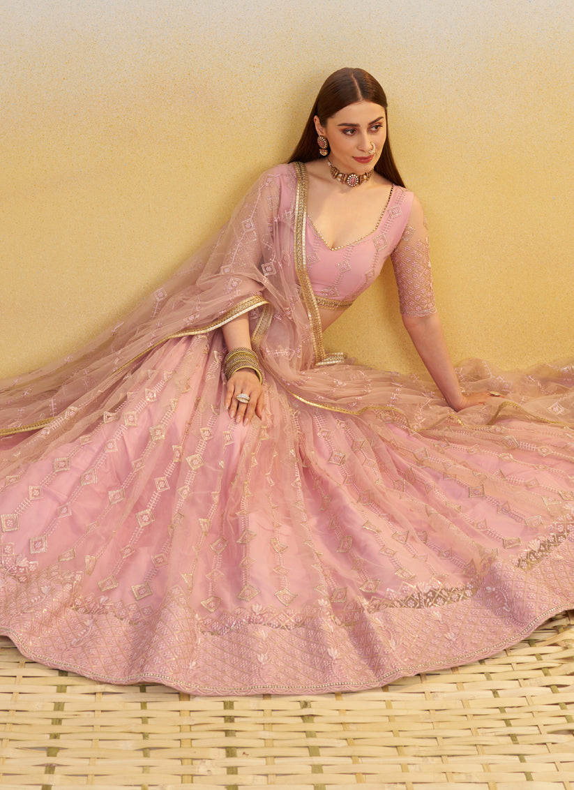 Rose Pink Net Designer Embroidered Lehenga Choli Set
