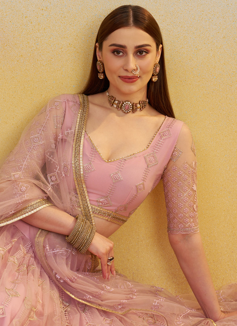 Rose Pink Net Designer Embroidered Lehenga Choli Set