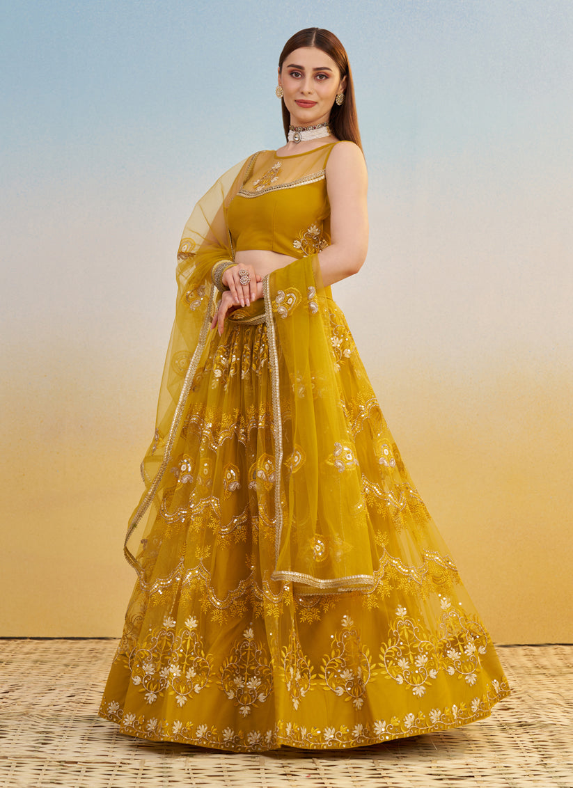 Mustard Net Designer Embroidered Lehenga Choli Set