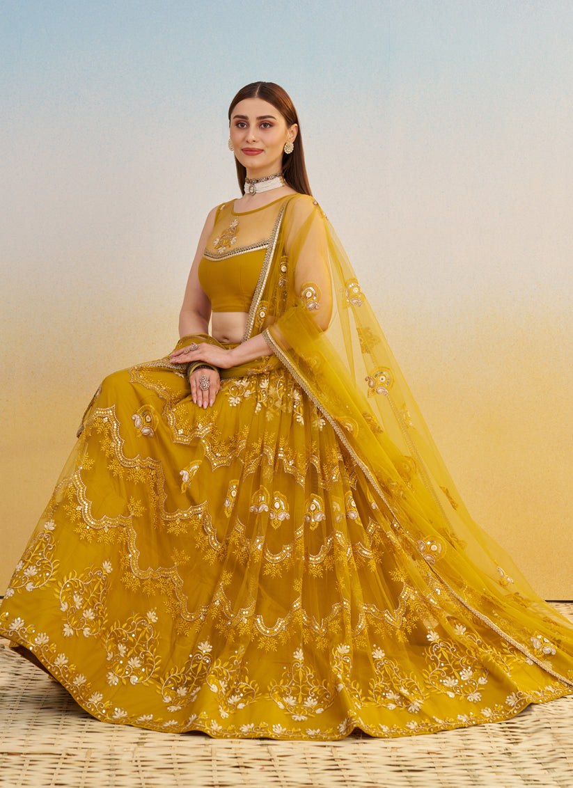 Mustard Net Designer Embroidered Lehenga Choli Set