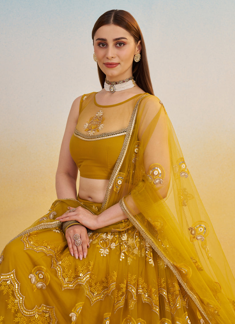 Mustard Net Designer Embroidered Lehenga Choli Set