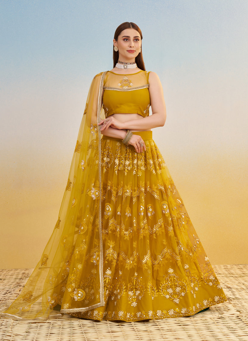 Mustard Net Designer Embroidered Lehenga Choli Set