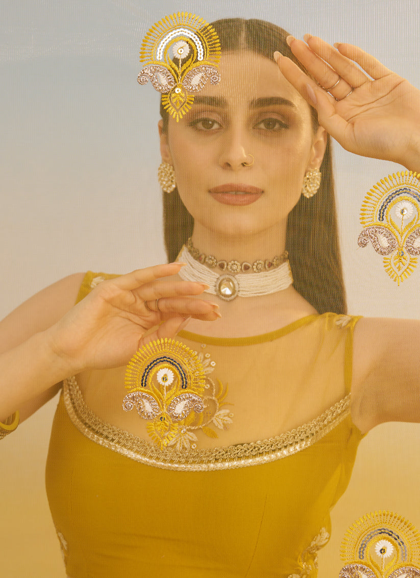 Mustard Net Designer Embroidered Lehenga Choli Set