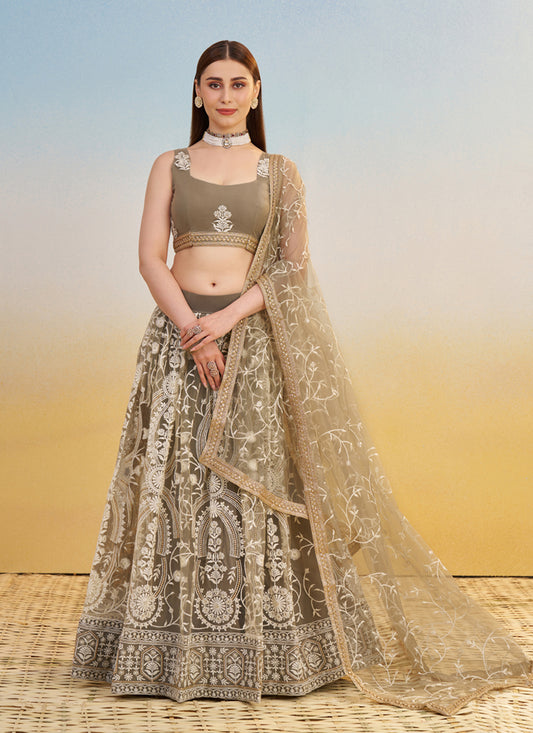 Dusty Grey Net Designer Embroidered Lehenga Choli Set