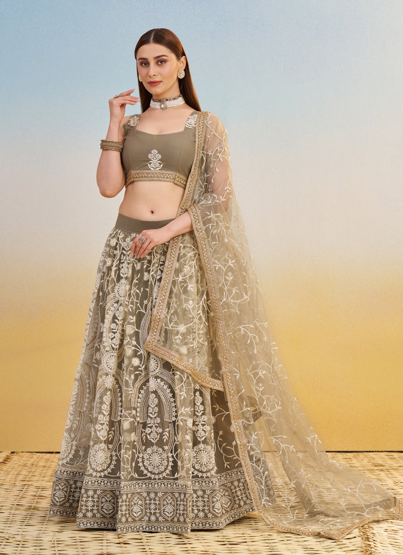 Dusty Grey Net Designer Embroidered Lehenga Choli Set