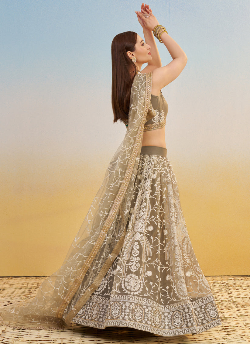 Dusty Grey Net Designer Embroidered Lehenga Choli Set