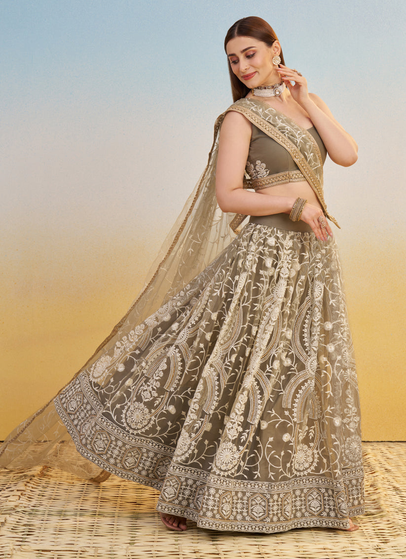 Dusty Grey Net Designer Embroidered Lehenga Choli Set