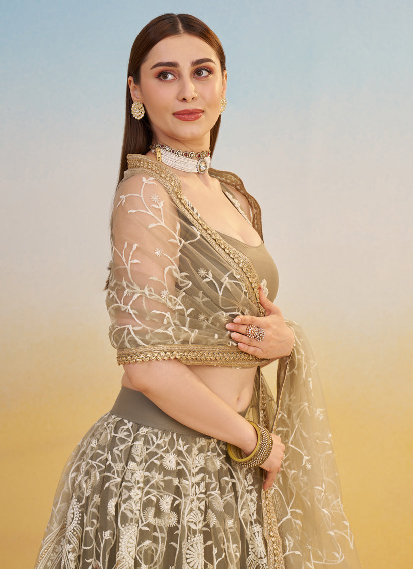 Dusty Grey Net Designer Embroidered Lehenga Choli Set