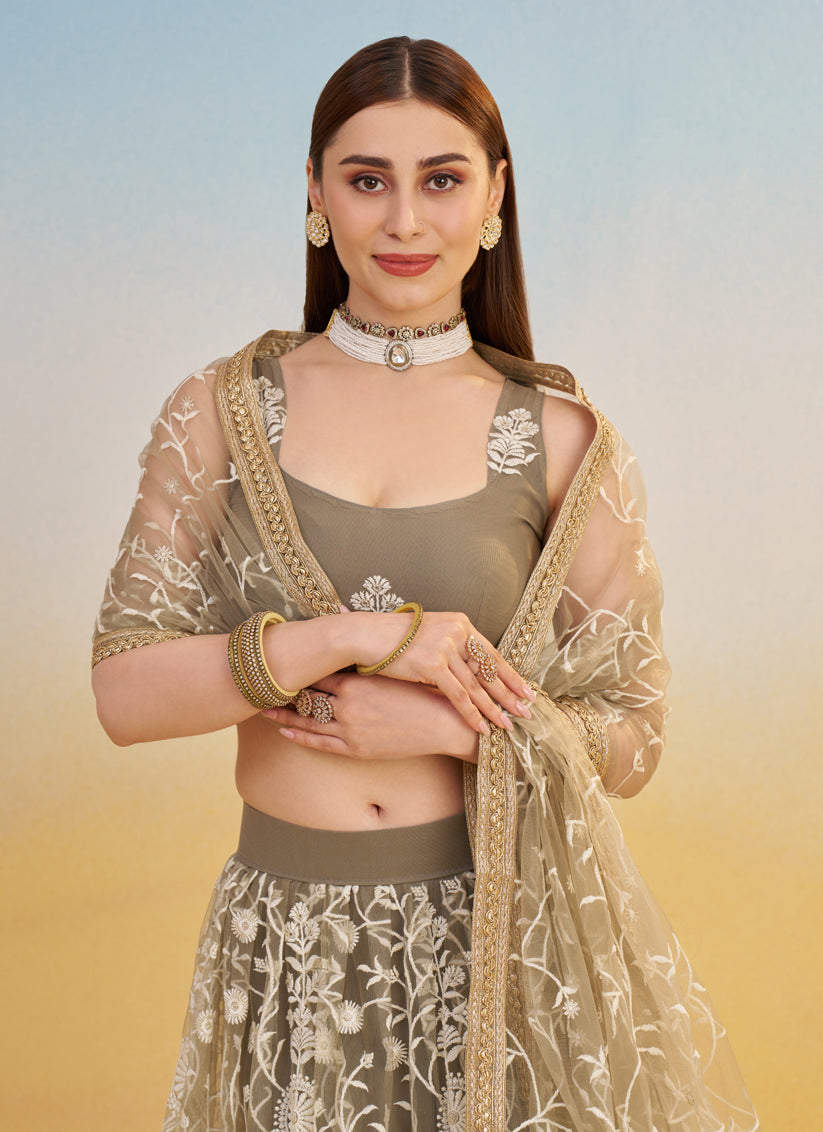 Dusty Grey Net Designer Embroidered Lehenga Choli Set