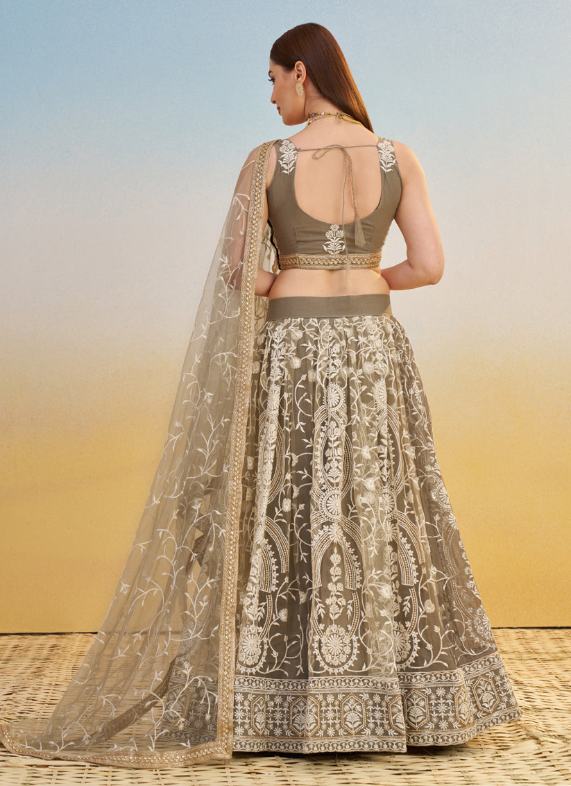 Dusty Grey Net Designer Embroidered Lehenga Choli Set